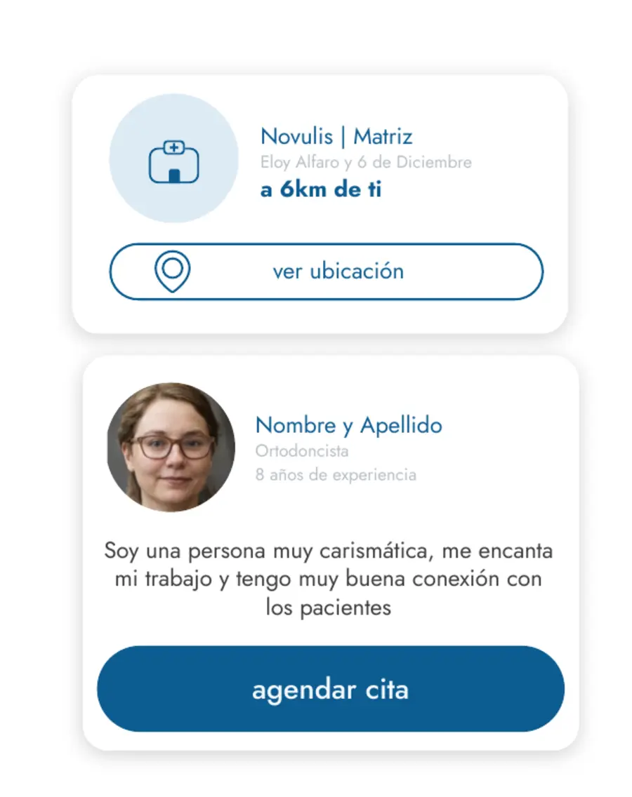 Componentes aprobados para seleccionar clínica y profesional